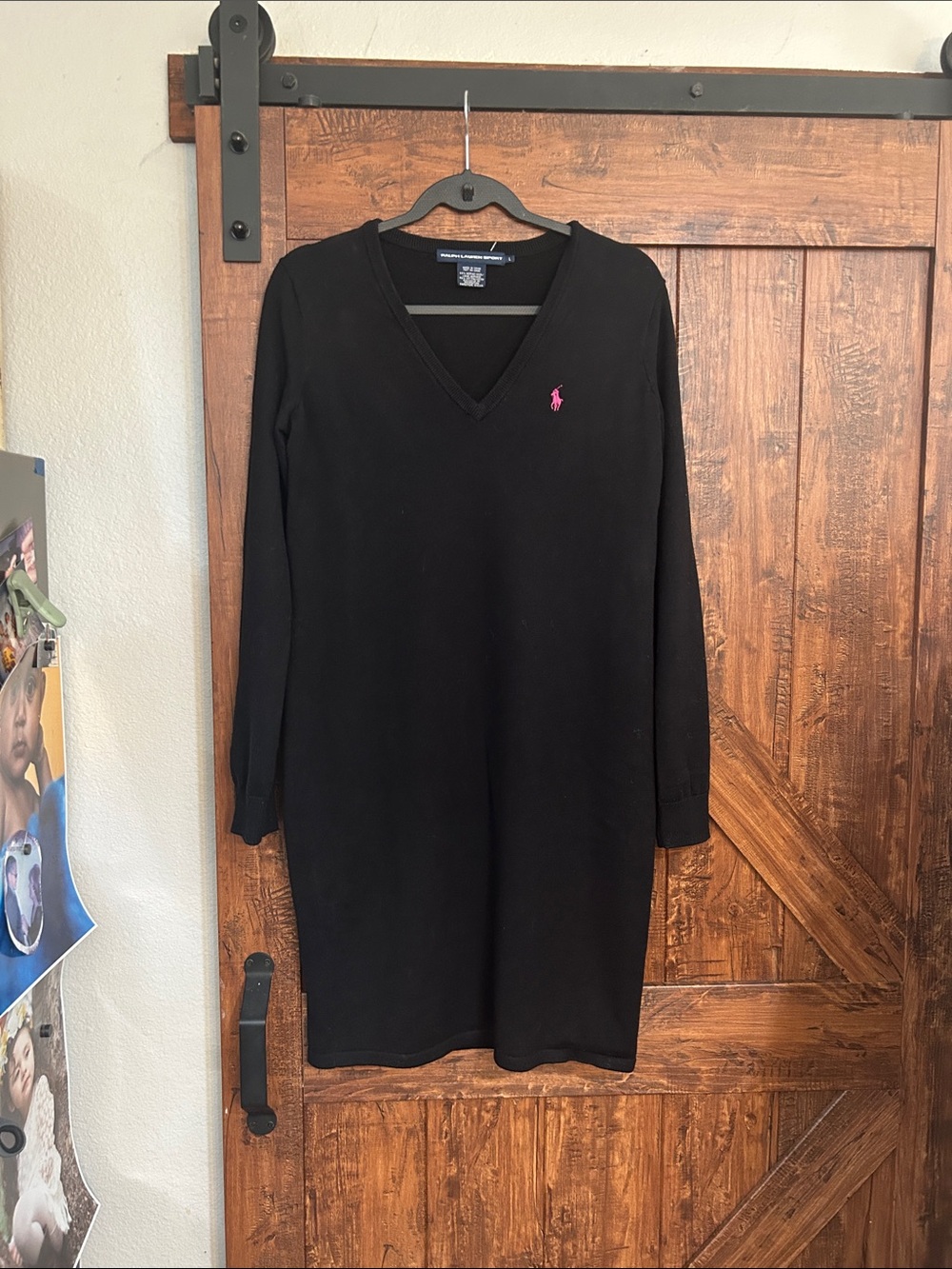 Ralph Lauren Black V-Neck Long Sleeve Sweater Dress with Pink Pony